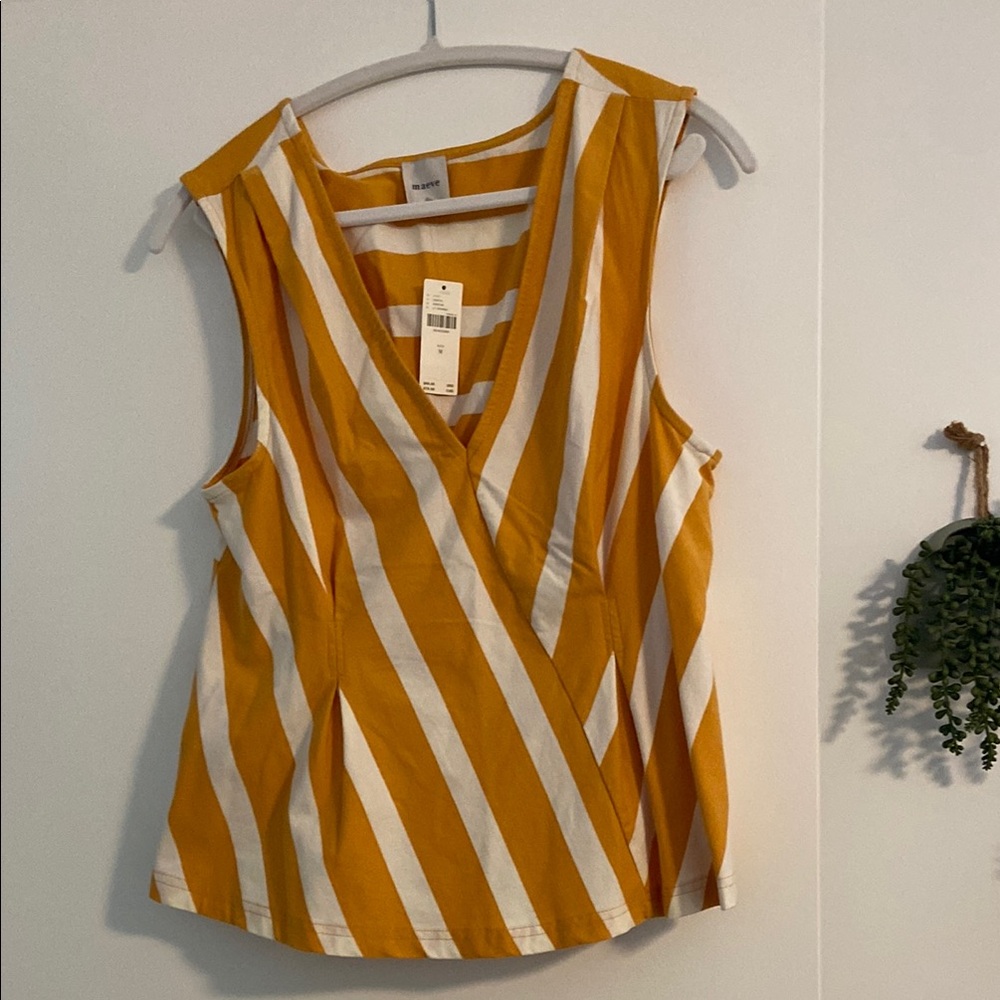 Striped Sleeveless Wrap Top - Mustard and White